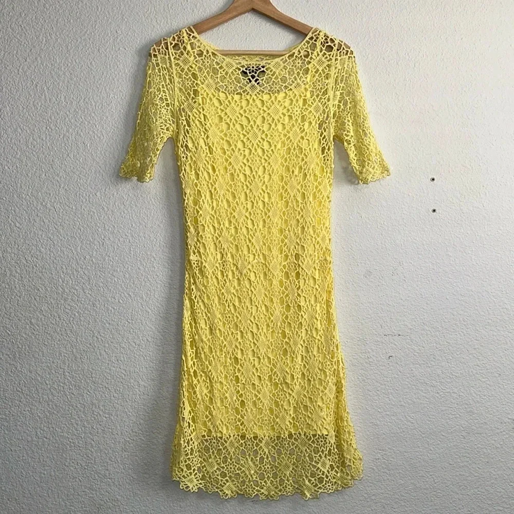 Lauren‎ Ralph Lauren Dress Yellow Crochet Knit Womens Size Small Petite Resort